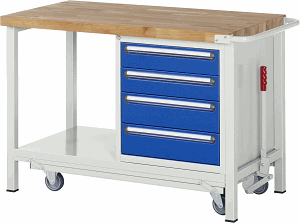 Werkbank mit absenkbarem Fahrgestell Modell 8162, B 1250xT 700xH 880mm, Buche-Massiv-Platte 40mm