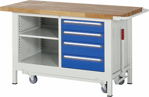 Werkbank mit absenkbarem Fahrgestell Modell 8463, B 1500xT 700xH 880mm, Buche-Massiv-Platte 40mm
