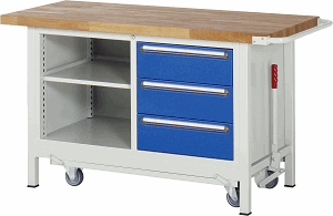 Werkbank mit absenkbarem Fahrgestell Modell 8462, B 1500xT 700xH 880mm, Buche-Massiv-Platte 40mm
