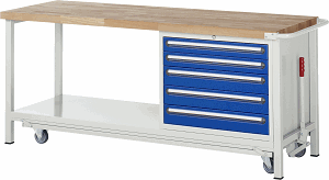 Werkbank mit absenkbarem Fahrgestell Modell 8271, B 2000xT 700xH 880mm, Buche-Massiv-Platte 40mm