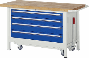 Werkbank mit absenkbarem Fahrgestell Modell 8362, B 1500xT 700xH 880mm, Buche-Massiv-Platte 40mm