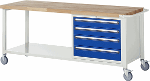 Fahrbare Werkbank Modell 8262, B 2000xT 700xH 880-1080mm, Buche-Massiv-Platte 40mm