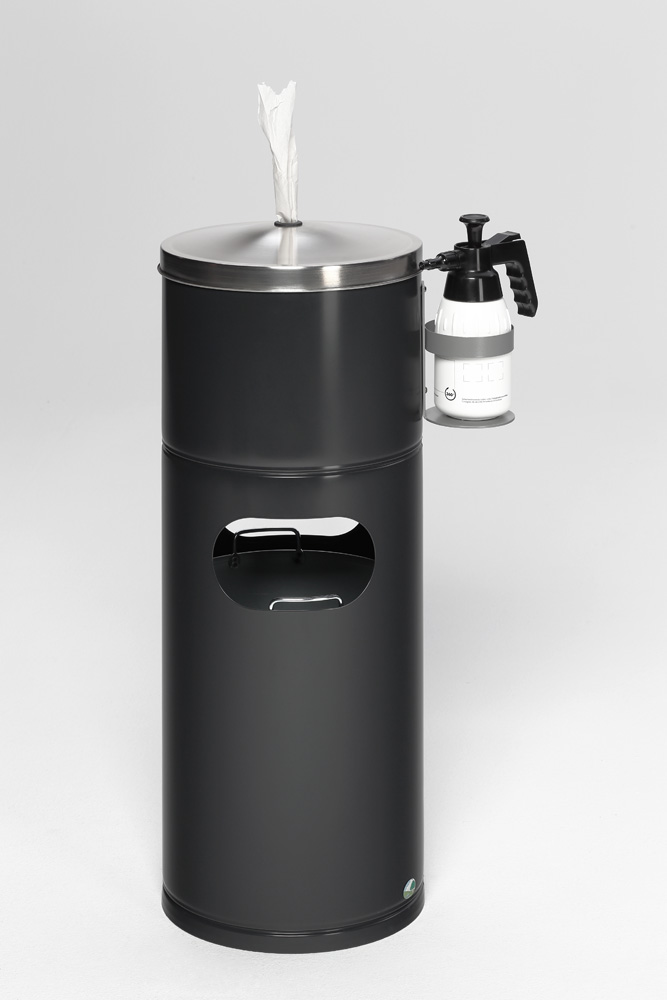 Desinfektionsstation für Papiertücher mit Flaschenhalter und Inneneinsatz, Stahlblech