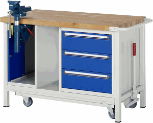 Werkbank mit absenkbarem Fahrgestell Modell 8183, B 1250xT 700xH 880mm, Buche-Massiv-Platte 40mm