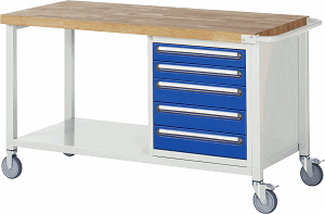 Fahrbare Werkbank Modell 8171, B 1500xT 700xH 880-1080mm, Buche-Massiv-Platte 40mm