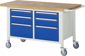 Fahrbare Werkbank Modell 8475, B 1500xT 700xH 880-1080mm, Buche-Massiv-Platte 40mm