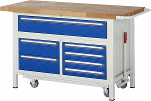 Werkbank mit absenkbarem Fahrgestell Modell 8921, B 1500xT 700xH 920mm, Buche-Massiv-Platte 40mm
