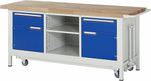 Werkbank mit absenkbarem Fahrgestell Modell 8561, B 2000xT 700xH 880mm, Buche-Massiv-Platte 40mm