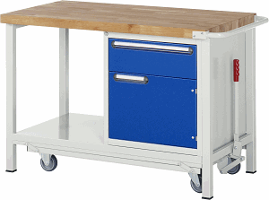Werkbank mit absenkbarem Fahrgestell Modell 8152, B 1250xT 700xH 880mm, Buche-Massiv-Platte 40mm