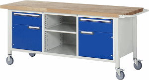 Fahrbare Werkbank Modell 8561, B 2000xT 700xH 880-1080mm, Buche-Massiv-Platte 40mm