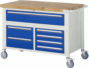 Fahrbare Werkbank Modell 8921, B 1250xT 700xH 880-1080mm, Buche-Massiv-Platte 40mm