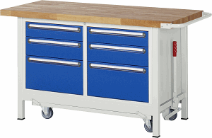 Werkbank mit absenkbarem Fahrgestell Modell 8475, B 1500xT 700xH 880mm, Buche-Massiv-Platte 40mm