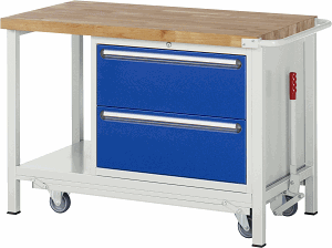 Werkbank mit absenkbarem Fahrgestell Modell 8255, B 1250xT 700xH 880mm, Buche-Massiv-Platte 40mm