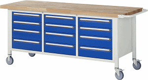 Fahrbare Werkbank Modell 8579, B 2000xT 700xH 880mm, Buche-Massiv-Platte 40mm