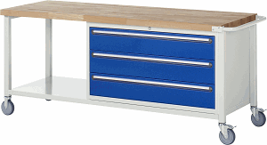 Fahrbare Werkbank Modell 8357, B 2000xT 700xH 880-1080mm, Buche-Massiv-Platte 40mm