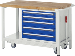 Werkbank mit absenkbarem Fahrgestell Modell 8271, B 1250xT 700xH 880mm, Buche-Massiv-Platte 40mm