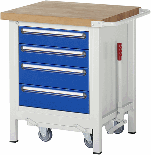 Werkbank mit absenkbarem Fahrgestell Modell 8162, B 750xT 700xH 880mm, Buche-Massiv-Platte 40mm