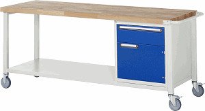 Fahrbare Werkbank Modell 8152, B 2000xT 700xH 880-1080mm, Buche-Massiv-Platte 40mm