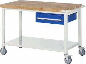 Fahrbare Werkbank Modell 8001, B 1250xT 700xH 880-1080mm, Buche-Massiv-Platte 40mm