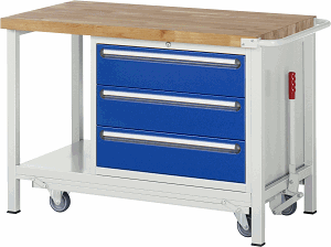 Werkbank mit absenkbarem Fahrgestell Modell 8257, B 1250xT 700xH 880mm, Buche-Massiv-Platte 40mm