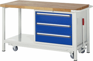 Werkbank mit absenkbarem Fahrgestell Modell 8257, B 1500xT 700xH 880mm, Buche-Massiv-Platte 40mm