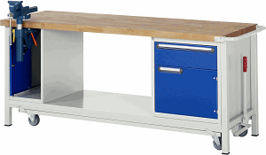 Werkbank mit absenkbarem Fahrgestell Modell 8181, B 2000xT 700xH 880mm, Buche-Massiv-Platte 40mm