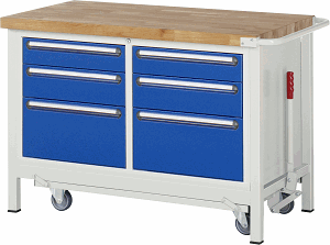 Werkbank mit absenkbarem Fahrgestell Modell 8475, B 1250xT 700xH 880mm, Buche-Massiv-Platte 40mm