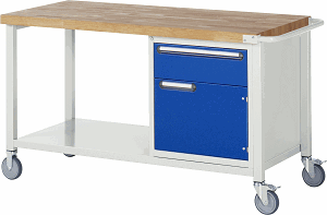 Fahrbare Werkbank Modell 8152, B 1500xT 700xH 880-1080mm, Buche-Massiv-Platte 40mm