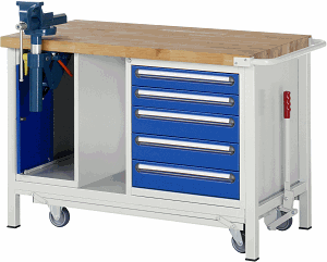 Werkbank mit absenkbarem Fahrgestell Modell 8187, B 1250xT 700xH 880mm, Buche-Massiv-Platte 40mm