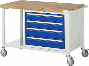 Fahrbare Werkbank Modell 8262, B 1250xT 700xH 880-1080mm, Buche-Massiv-Platte 40mm