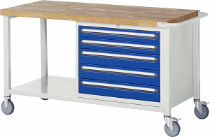 Fahrbare Werkbank Modell 8271, B 1500xT 700xH 880-1080mm, Buche-Massiv-Platte 40mm