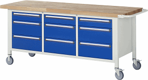 Fahrbare Werkbank Modell 8573, B 2000xT 700xH 880mm, Buche-Massiv-Platte 40mm