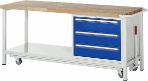 Werkbank mit absenkbarem Fahrgestell Modell 8257, B 2000xT 700xH 880mm, Buche-Massiv-Platte 40mm