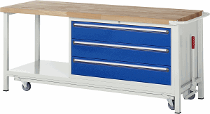 Werkbank mit absenkbarem Fahrgestell Modell 8357, B 2000xT 700xH 880mm, Buche-Massiv-Platte 40mm