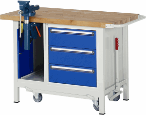 Werkbank mit absenkbarem Fahrgestell Modell 8183, B 1250xT 700xH 880mm, Buche-Massiv-Platte 40mm