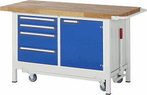 Werkbank mit absenkbarem Fahrgestell Modell 8470, B 1500xT 700xH 880mm, Buche-Massiv-Platte 40mm