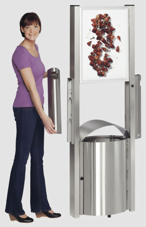 Abfallsammler Design Edelstahl 50 Liter Inhalt mit Werbeflächen und Ascher
