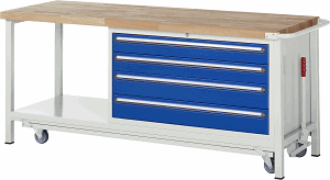 Werkbank mit absenkbarem Fahrgestell Modell 8362, B 2000xT 700xH 880mm, Buche-Massiv-Platte 40mm