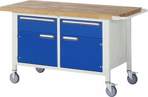 Fahrbare Werkbank Modell 8466, B 1500xT 700xH 880-1080mm, Buche-Massiv-Platte 40mm