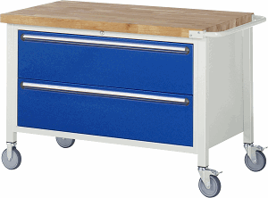Fahrbare Werkbank Modell 8355, B 1250xT 700xH 880-1080mm, Buche-Massiv-Platte 40mm