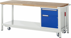 Werkbank mit absenkbarem Fahrgestell Modell 8152, B 2000xT 700xH 880mm, Buche-Massiv-Platte 40mm