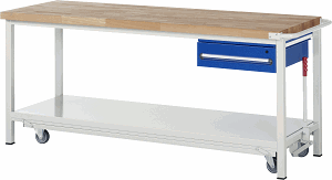 Werkbank mit absenkbarem Fahrgestell Modell 8001, B 2000xT 700xH 880mm, Buche-Massiv-Platte 40mm