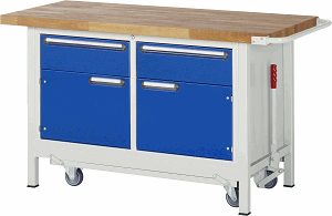 Werkbank mit absenkbarem Fahrgestell Modell 8466, B 1500xT 700xH 880mm, Buche-Massiv-Platte 40mm