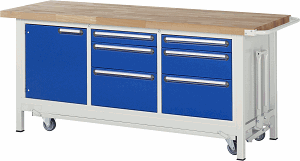 Werkbank mit absenkbarem Fahrgestell Modell 8570, B 2000xT 700xH 880mm, Buche-Massiv-Platte 40mm